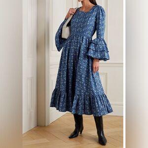 Batsheva X Laura Ashley Blue Floral Tiered-Sleeve Maxi Dress